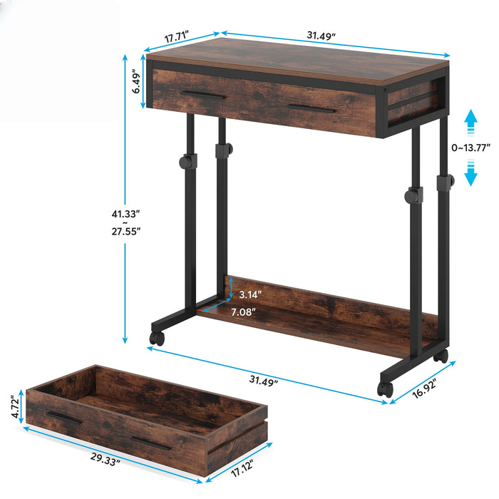 Portable Laptop Desk With Drawer & Wheels, Height Adjustable, Storage Shelf - Brown / Black