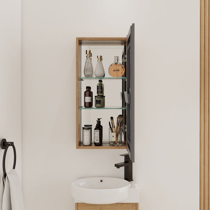 14" Bathroom Mirror Cabinet With Adjustable Shelves, Wall Mounted Medicine Storage Cabinet Frame With Soft Closing Hinges - Imitative Oak