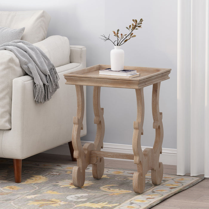 French Country Style Accent Table With Ornate Stretcher Base - Natural