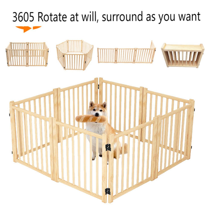 8 Panel Wooden Freestanding Dog Gate, Step Over Indoor Pet Fence For Doorways And Stairs - Natural Wood