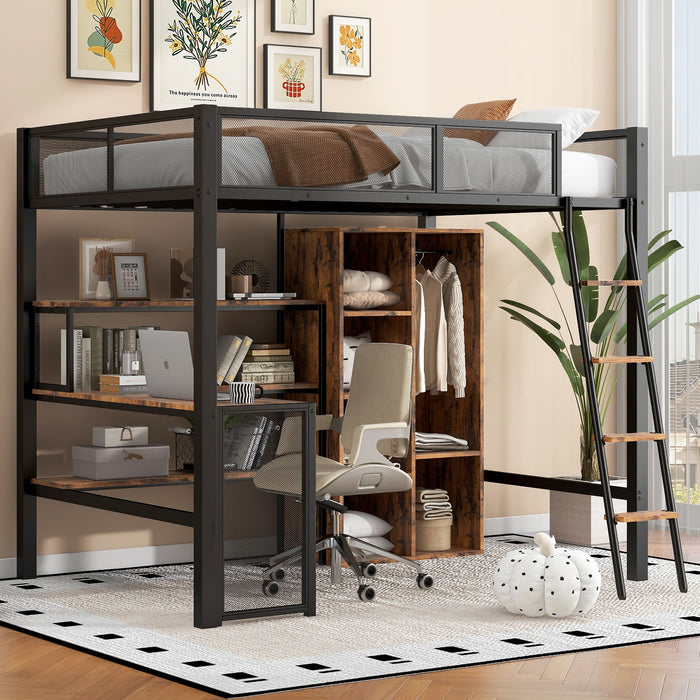 Full Size Loft Bed With Built In Desk, Wardrobe, And Shelves - Black