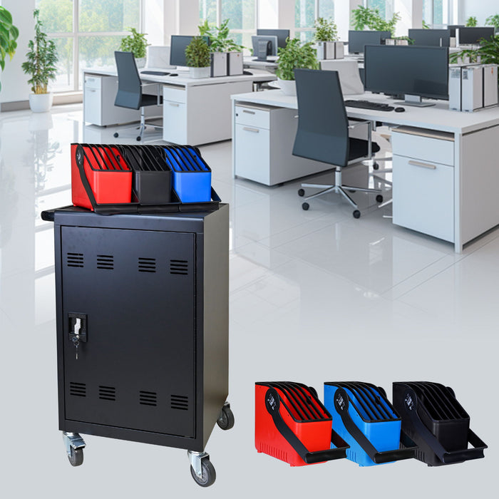 32 Bit Device Charging Trolley For Tablets And Laptops With Cable Management, Removable Doors - Matte Black