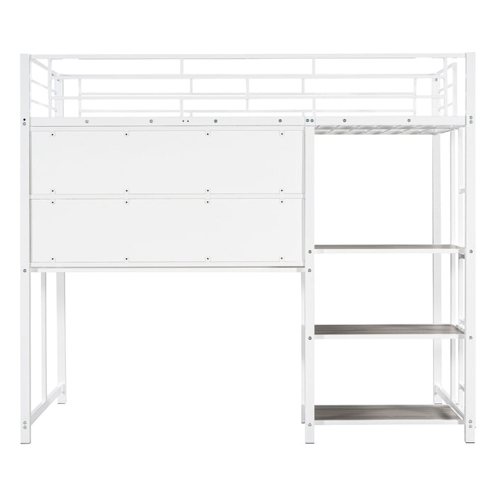 Metal Loft Bed With Desk, 3 Shelves And Ladder