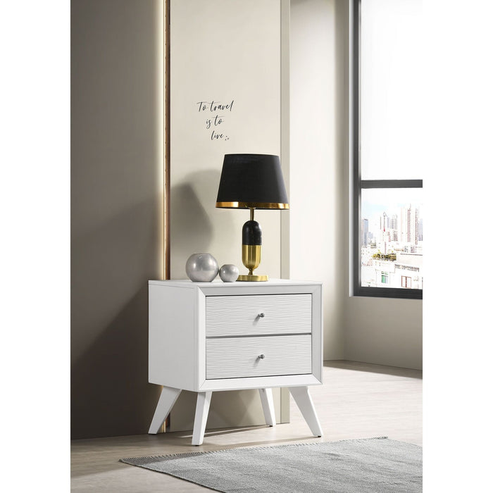 Nightstand With Angled Legs, Round Knobs, Wave Texture, 2 Drawer Bedside Table - White