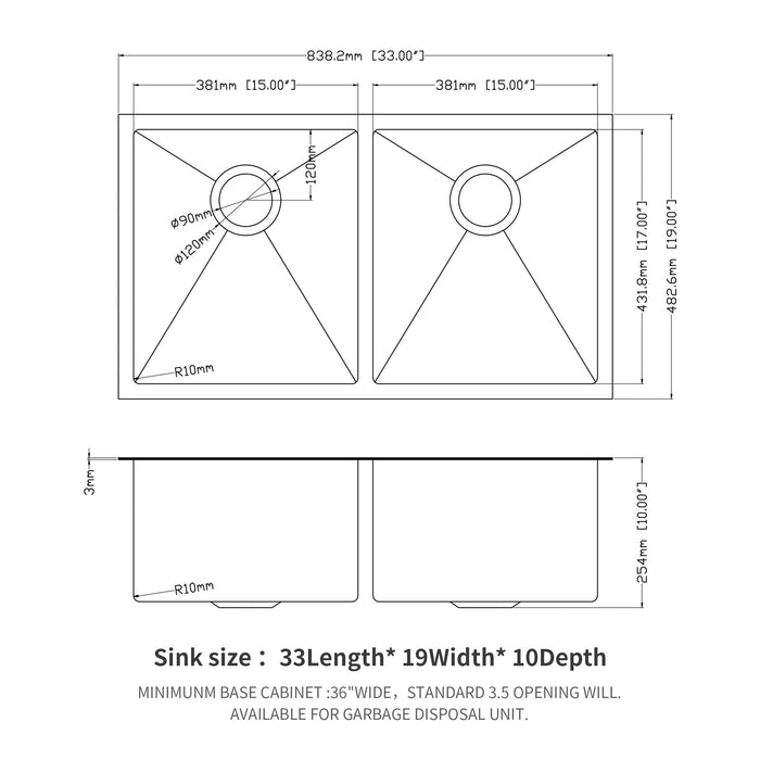 Double Bowl Undermount Kitchen Sink 16 Gauge 33" X 19" With Dual 10" Deep Basins - Gunmetal Black