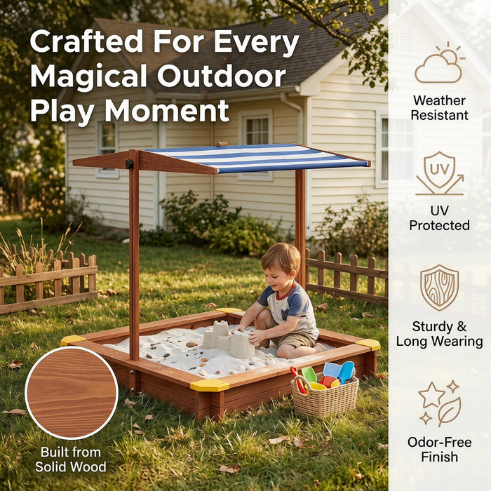 Kids Sandbox With Cover, Sand Box With Adjustable Canopy, Large Outdoor Cedar Sandpit For Backyard Play - Reddish Brown