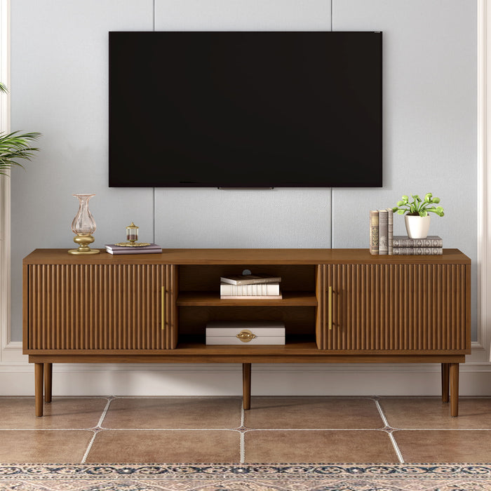 TV Stand With Vertical Slatted Doors And Sliding Panels, Solid Wood Legs - Brown