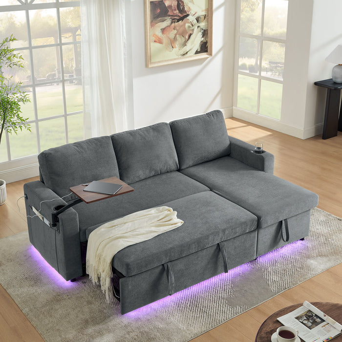 Multi Functional Pull Out Bed Sofa With Retractable Table, LED Lighting, USB Charging Ports & Cup Holders