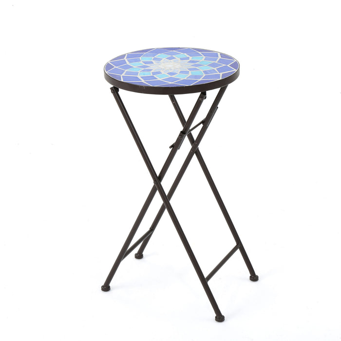 Outdoor Folding Accent Table With Glass Top And Iron Frame - White / Blue