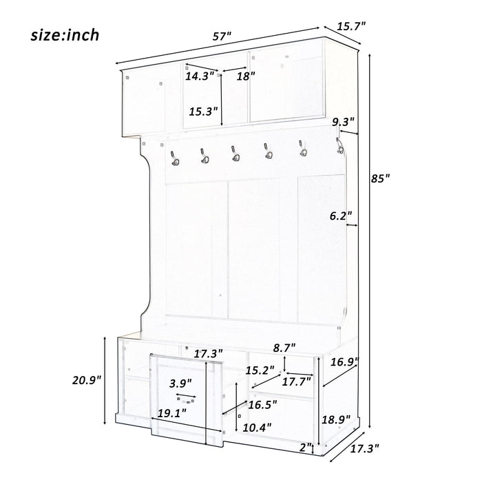 Hall Tree With 6 Hooks, Coat Hanger, Entryway Bench
