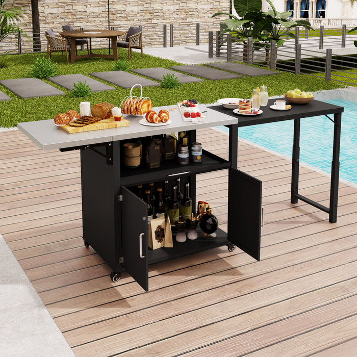Versatile Outdoor Cabinet With Folding & Expandable Work Surfaces, Ample Storage Space, And Lockable Wheels - Matte Black