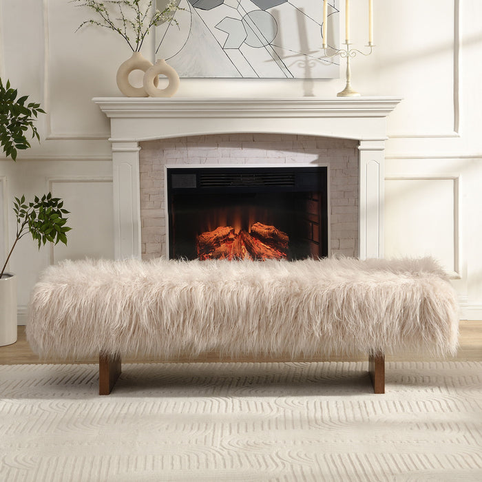 Long Haired Faux Wool Bench - Brown / Beige
