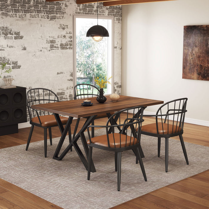 5 Piece Industrial Style Indoor Upholstered Dining Set With Metal Legs - Brown