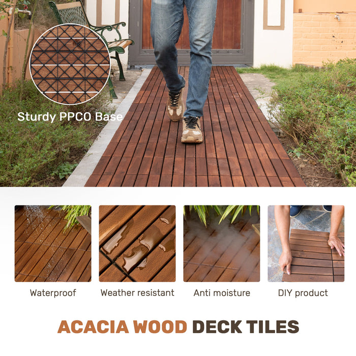 Interlocking Deck Tiles Striped Pattern, Square Acacia Hardwood Outdoor Flooring For Patio, Bancony, Pool Side