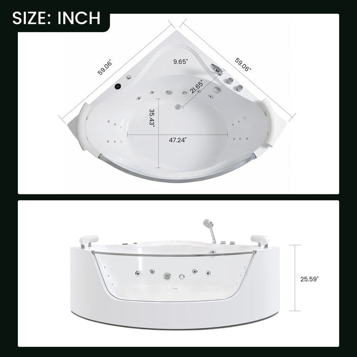 Korra - 2 Person Acrylic Corner Whirlpool Bathtub With Hydro Massage, Rainbow Light, Heater - Milk White