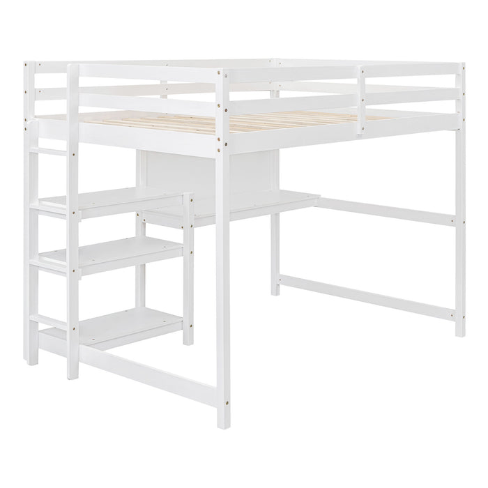Full Size Loft Bed With Shelves, Desk And Writing Board - White
