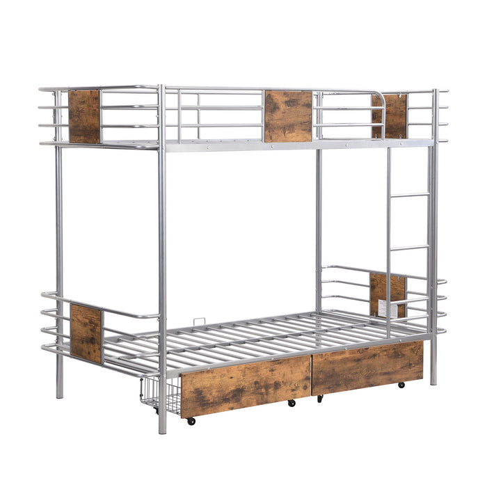Twin Long Over Twin Long Bunk Bed With Guardrail And 2 Storage Drawers - Silver