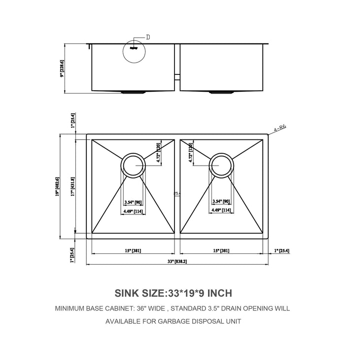 Undermount Double Bowl Kitchen Sink 16 Gauge With 9" Deep Basin - Brushed Nickel