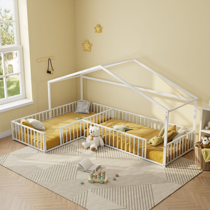L-Shaped Montessori Bed For 2 Kids With Partitioned Fence