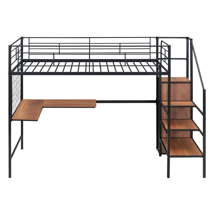 Loft Bed With Desk And Grid, Stylish Frame With Lateral Storage Ladder And Wardrobe