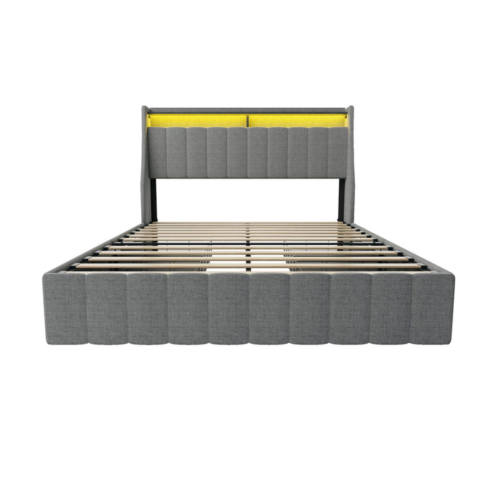 Bed With LED Lights, 4 Drawers, Winged Headboard Upholstered