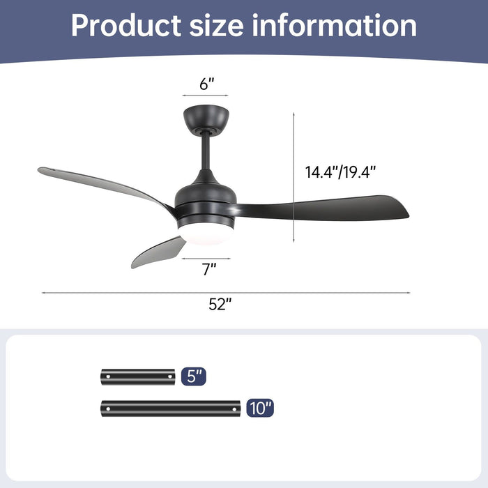 Ceiling Fan With 3 Blades, Remote Control, Reversible DC Motor, Noiseless Operation, 3 Downrods