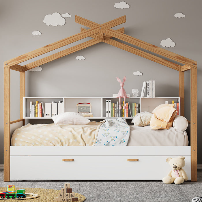 Wooden House Bed Original Wood Colored Frame With Bookshelf Storage Space