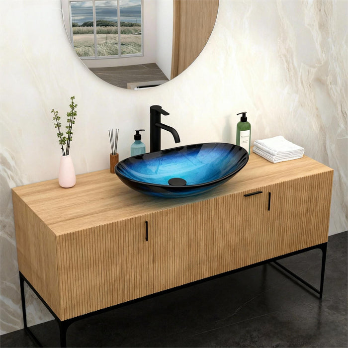 Tempered Glass Vessel Sink With Boat Shape Pop-Up Drain