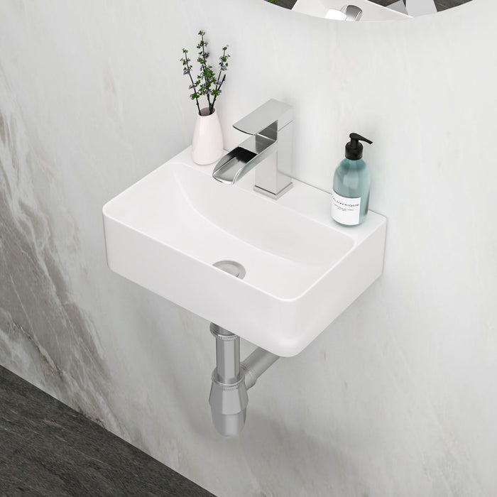 Ceramic Rectangle Wall Mount Bathroom Sink With Single Faucet Hole