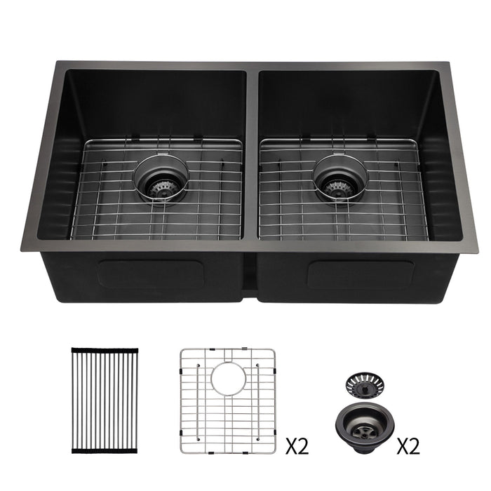 Double Bowl Undermount Kitchen Sink 16 Gauge 33" X 19" With Dual 10" Deep Basins - Gunmetal Black