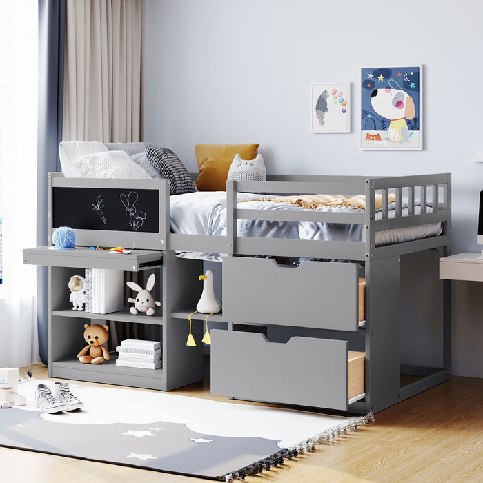 Low Loft Bed With Rolling Desk, Shelf And Drawers