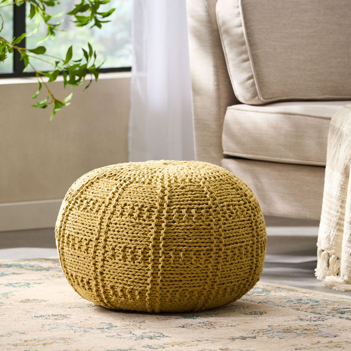 Yuny - Knitted Cotton Round Pouf With Modern Design - Yellow
