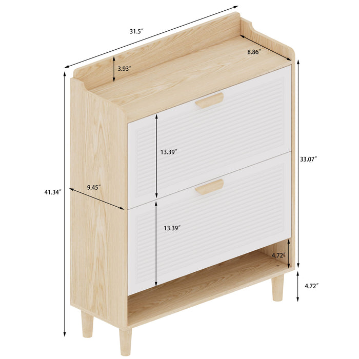 Shoe Storage Cabinet With 2 Flip Drawers, Compact Entryway Organizer - Natural / White