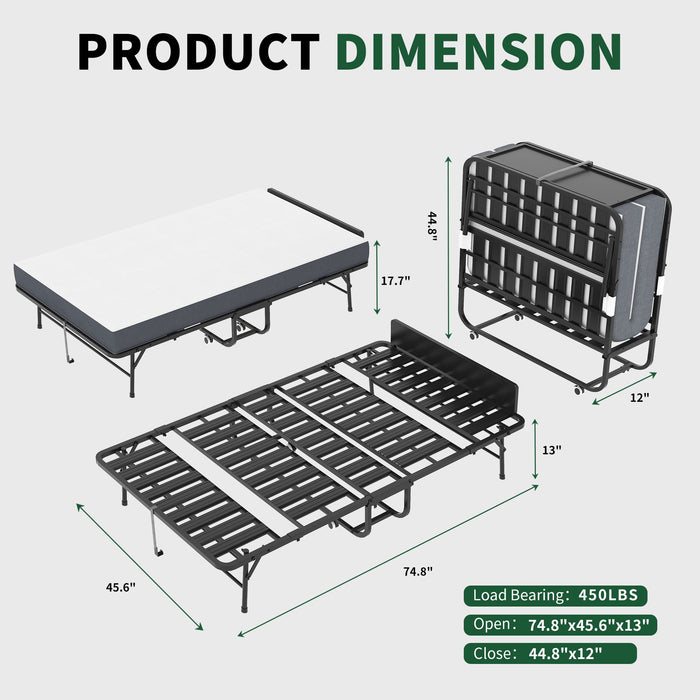 Twin Wide Folding Bed With Adjustable Headboard, Extra Long Rollaway For Tall People, Memory Foam Mattress - Black