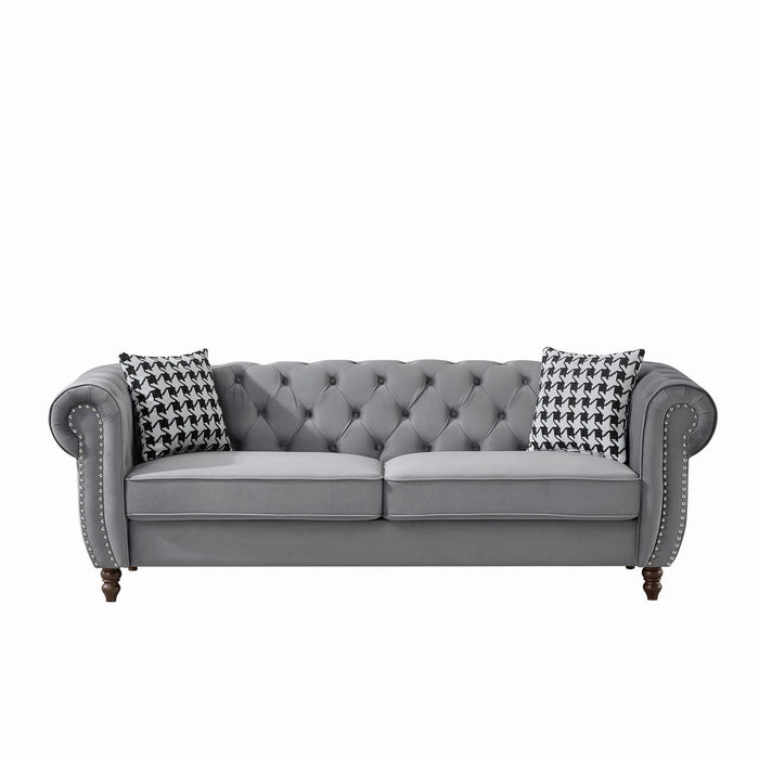 Chesterfield Velvet Upholstery Fabric Sofa With Roll Armrest & Nailhead