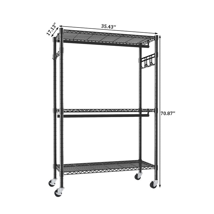 Heavy Duty Rolling Clothes Rack With 3 Tier Shelves, 2 Rails & Side Hooks, Adjustable Freestanding Organizer Metal - Black
