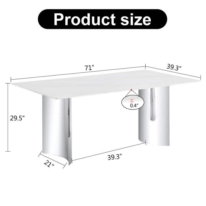 Modern Minimalist Dining Table With Imitation Marble Glass Surface And Metal Legs - White