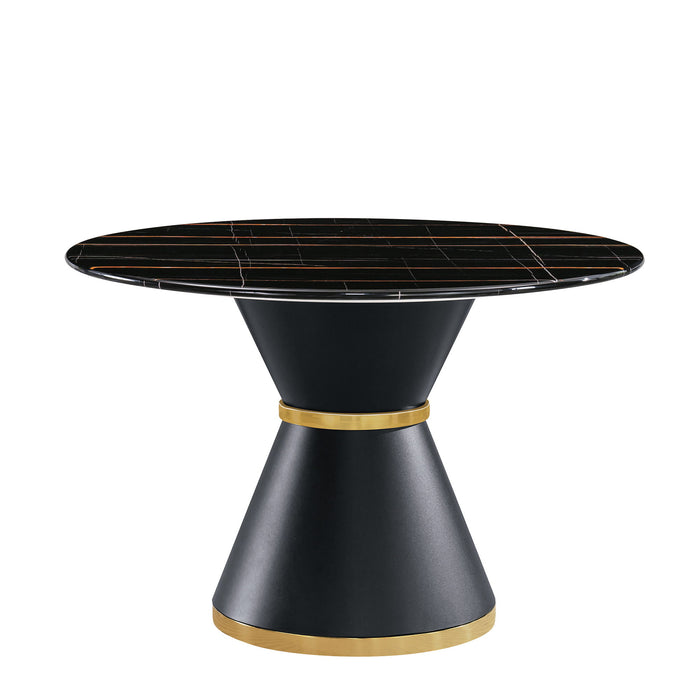 Marble Printed Round Dining Table - Black Columnar Base With Gold Annulus Not Including Chairs - Black
