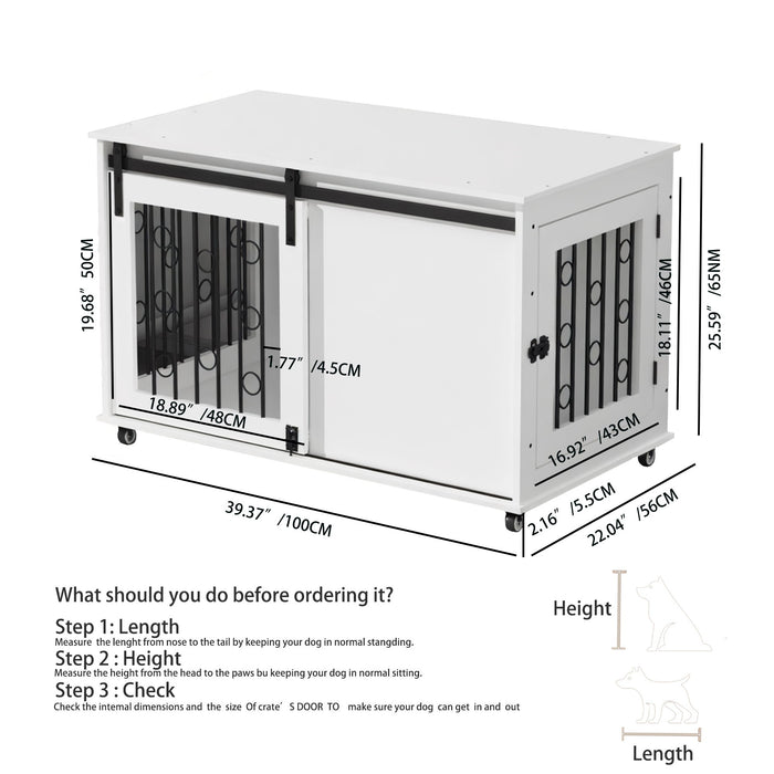 Dog Crate With Sliding Barn Door And Side Access, Lockable Wheels For Small To Medium Dogs - White