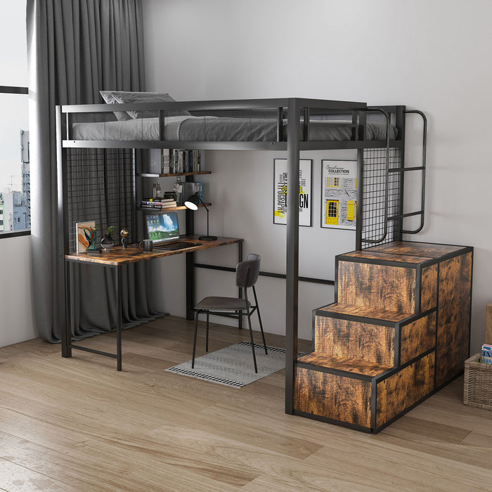 Heavy Duty Full Loft Bed With Desk & USB Charging Metal Frame With Storage Drawers And Staircase - Black