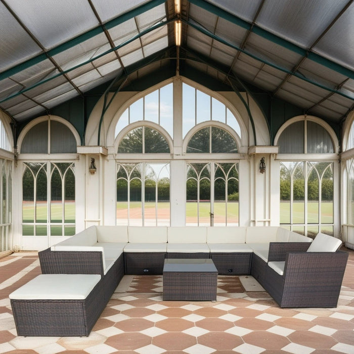 11 Piece Patio Wicker Conversation Set, 10 Seater Patio Sectional Set With 3 Storage Box Under Seat - Brown / White