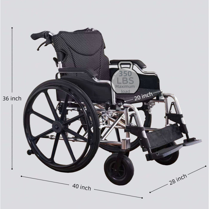 Heavy Duty Foldable Manual Wheelchair Double X Force Support With Adjustable Seat Belt Breathable Cushion & Anti Backflip Design 24" Tires For All Terrains 350 Lbs Capacity - Black / Silver