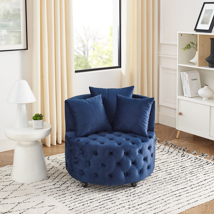Modern Upholstered Swivel Chair With Button Tufted Design And Movable Wheels