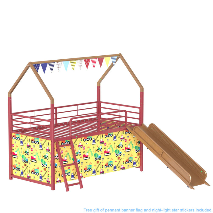 Jack - House Loft Bed With Slide And Curtain Set