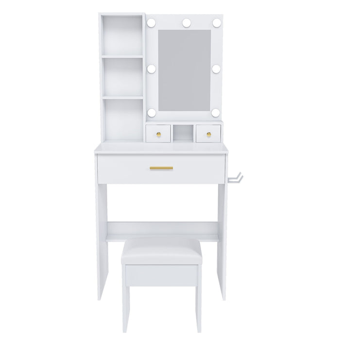 Vanity Table With Mirror, Adjustable LED Lights, Power Outlet, Hairdryer Holder & Stool
