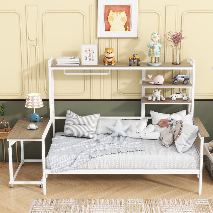 Daybed With Movable Desk, Grid, Shelves And Clothes Hanger