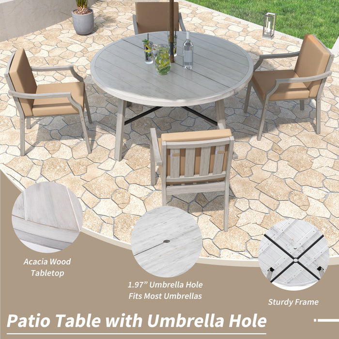 Outdoor Wooden Dinning Set With An Umbrella Hole And Removable Cushions For Patio