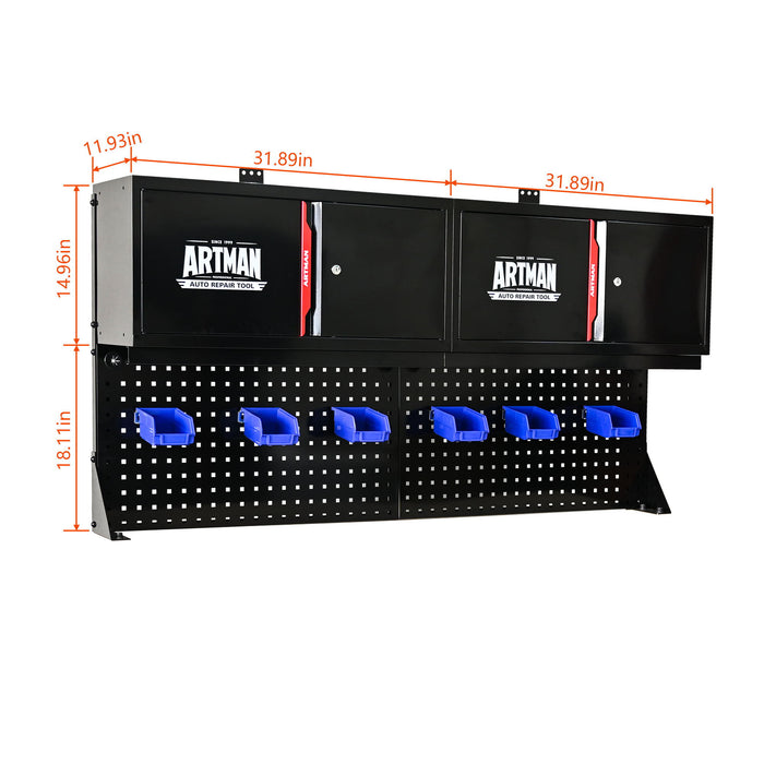 Wall Mounted Double Door Storage Cabinet With Tool Rack And Hooks, Stainless Steel - Black / Red