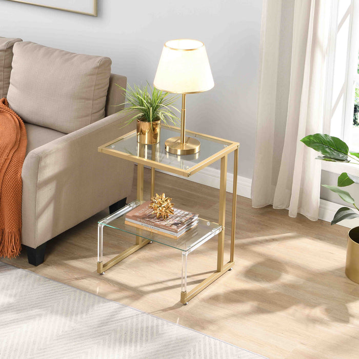 Side Table, 2 Tier Acrylic Glass End Table For Living Room - Gold