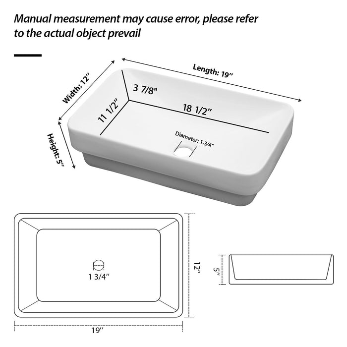 Semi Recessed Bathroom Sink With Countertop Vessel Design, 19" X 12" - White